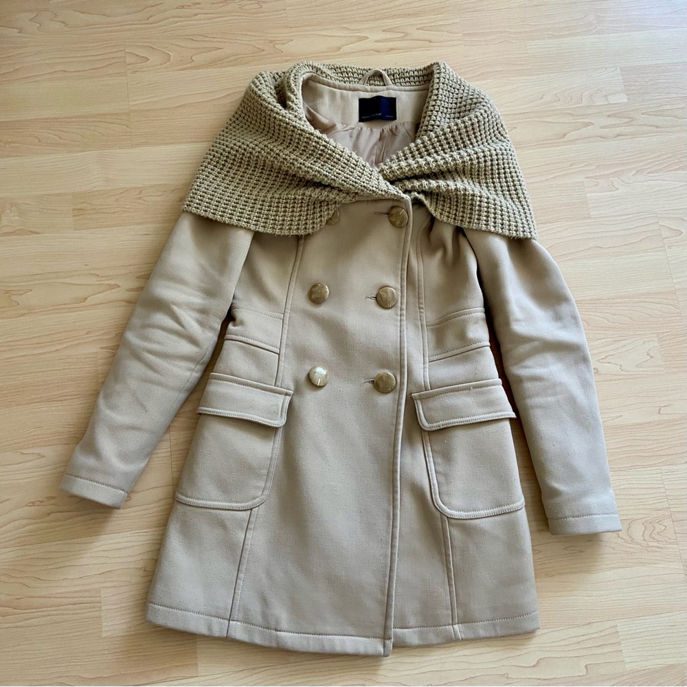 Vero Moda Castello Jacket with Knitted Hood Shawl Tan Beige Double Breasted Coat